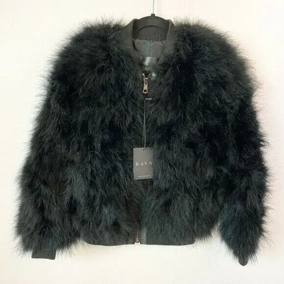 RAVN Black Leather Trimmed Turcia Feather Bomber Jacket NWT Womens Size Small
